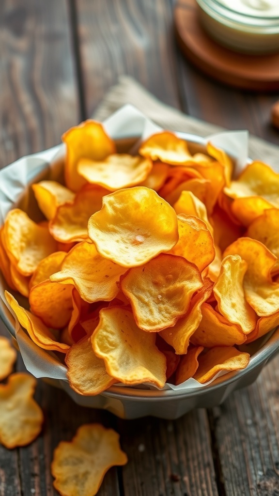 A bowl of crispy homemade potato chips on a wooden table with a dip.